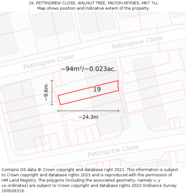 19, PETTINGREW CLOSE, WALNUT TREE, MILTON KEYNES, MK7 7LL: Plot and title map