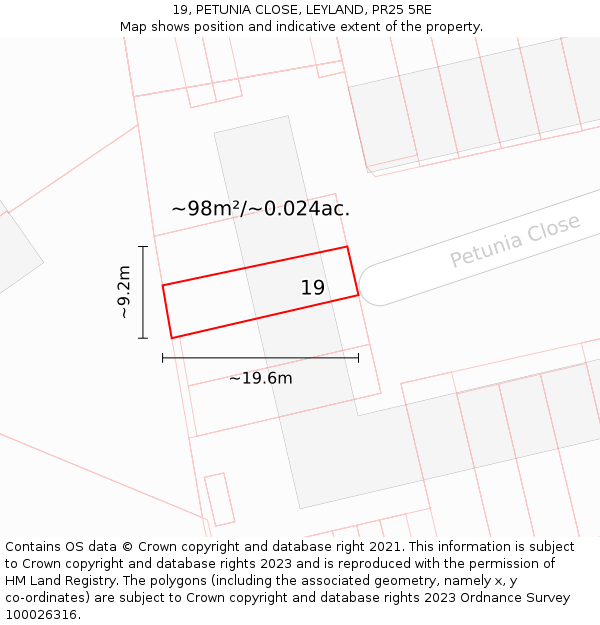 19, PETUNIA CLOSE, LEYLAND, PR25 5RE: Plot and title map
