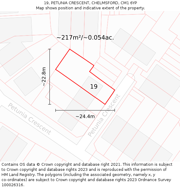 19, PETUNIA CRESCENT, CHELMSFORD, CM1 6YP: Plot and title map