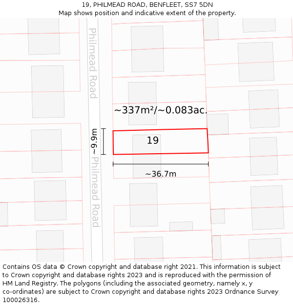 19, PHILMEAD ROAD, BENFLEET, SS7 5DN: Plot and title map