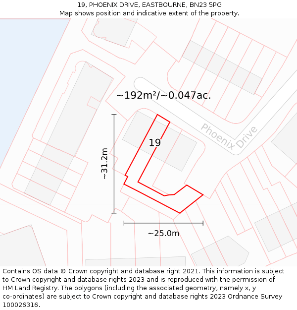 19, PHOENIX DRIVE, EASTBOURNE, BN23 5PG: Plot and title map