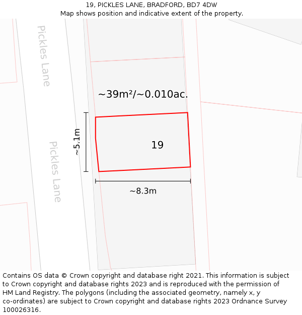 19, PICKLES LANE, BRADFORD, BD7 4DW: Plot and title map