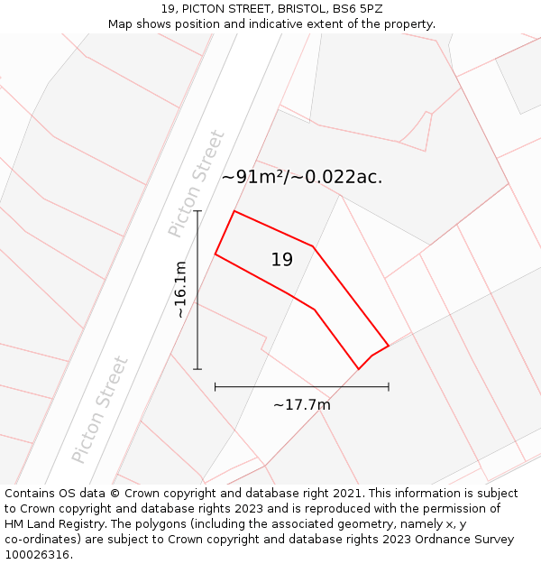19, PICTON STREET, BRISTOL, BS6 5PZ: Plot and title map