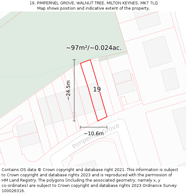 19, PIMPERNEL GROVE, WALNUT TREE, MILTON KEYNES, MK7 7LQ: Plot and title map