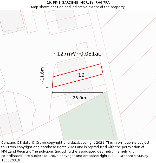 19, PINE GARDENS, HORLEY, RH6 7RA: Plot and title map