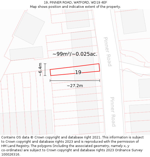19, PINNER ROAD, WATFORD, WD19 4EF: Plot and title map