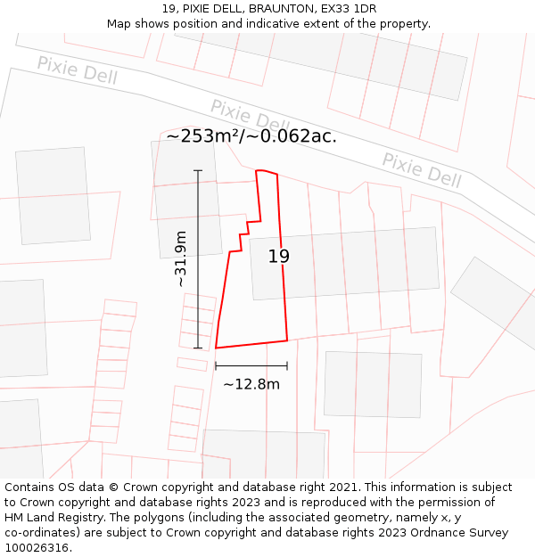19, PIXIE DELL, BRAUNTON, EX33 1DR: Plot and title map