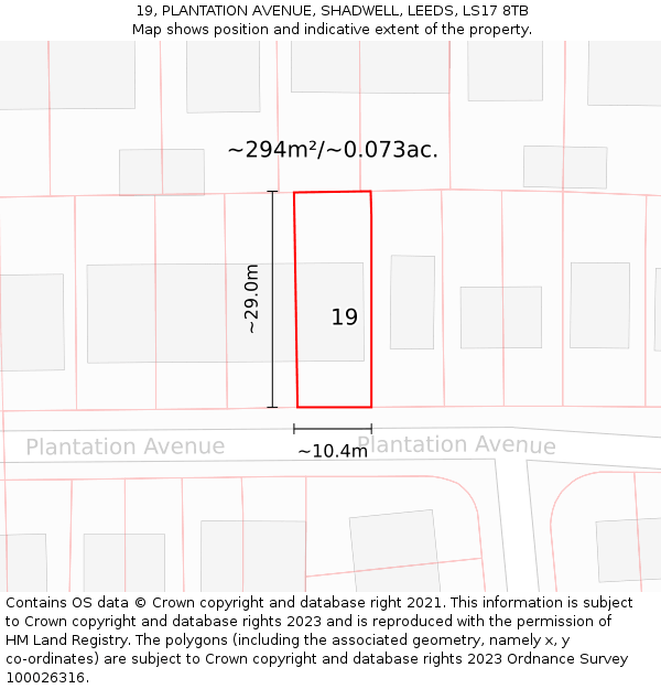 19, PLANTATION AVENUE, SHADWELL, LEEDS, LS17 8TB: Plot and title map