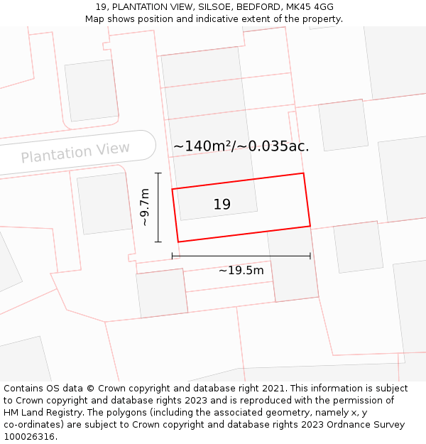 19, PLANTATION VIEW, SILSOE, BEDFORD, MK45 4GG: Plot and title map