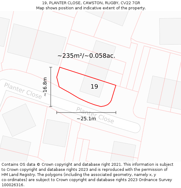19, PLANTER CLOSE, CAWSTON, RUGBY, CV22 7GR: Plot and title map