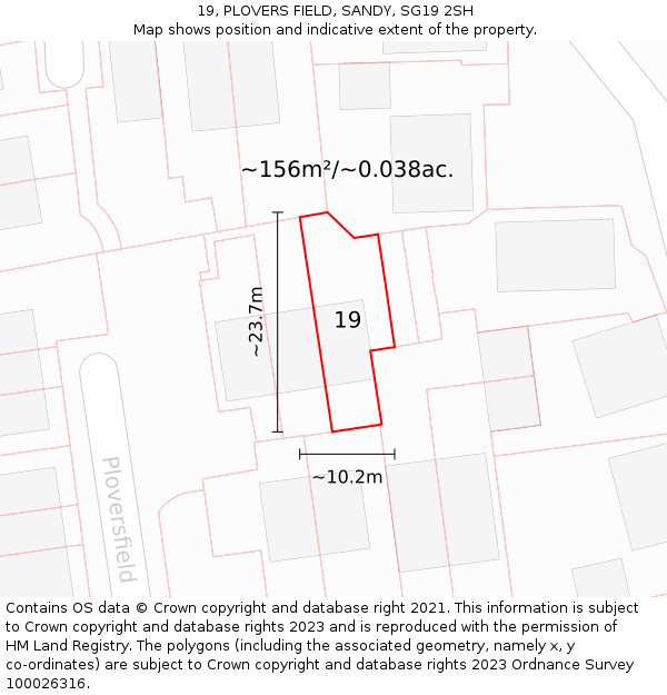 19, PLOVERS FIELD, SANDY, SG19 2SH: Plot and title map