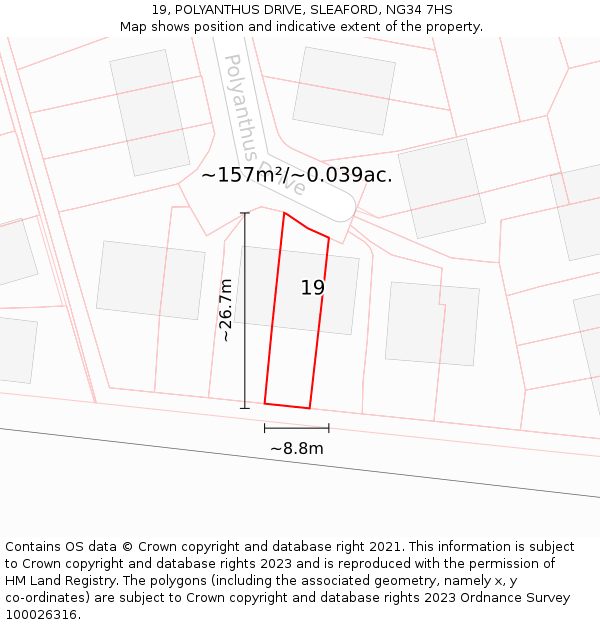 19, POLYANTHUS DRIVE, SLEAFORD, NG34 7HS: Plot and title map
