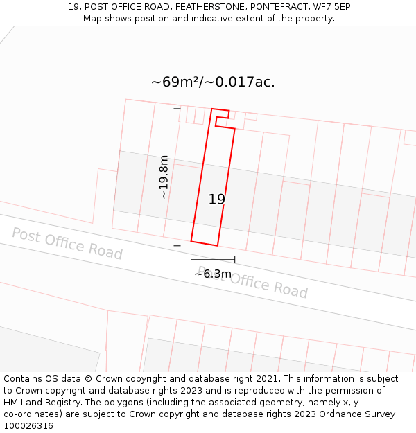 19, POST OFFICE ROAD, FEATHERSTONE, PONTEFRACT, WF7 5EP: Plot and title map