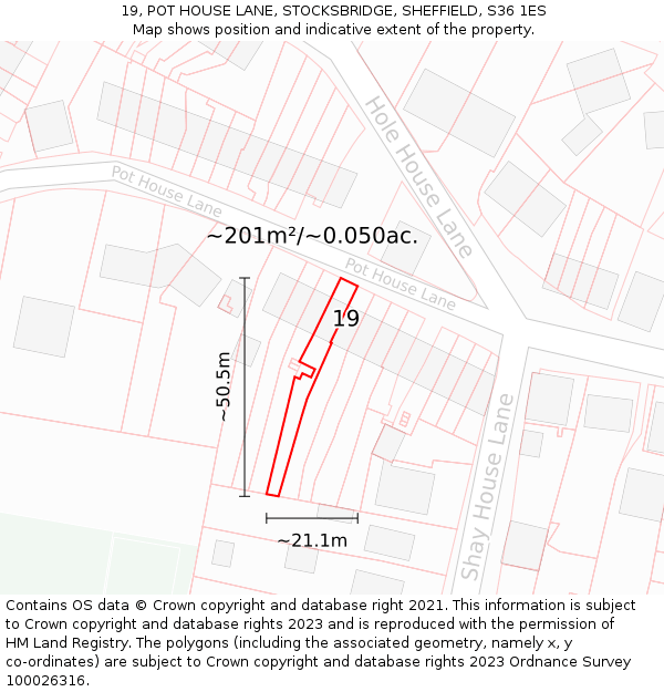 19, POT HOUSE LANE, STOCKSBRIDGE, SHEFFIELD, S36 1ES: Plot and title map