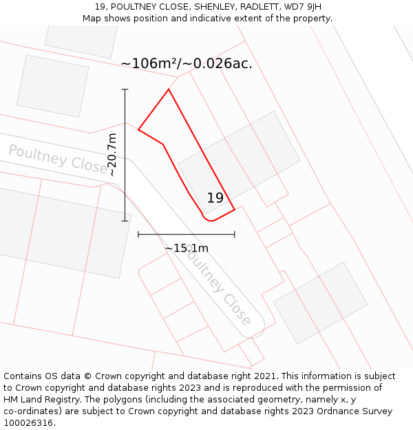 19, POULTNEY CLOSE, SHENLEY, RADLETT, WD7 9JH: Plot and title map