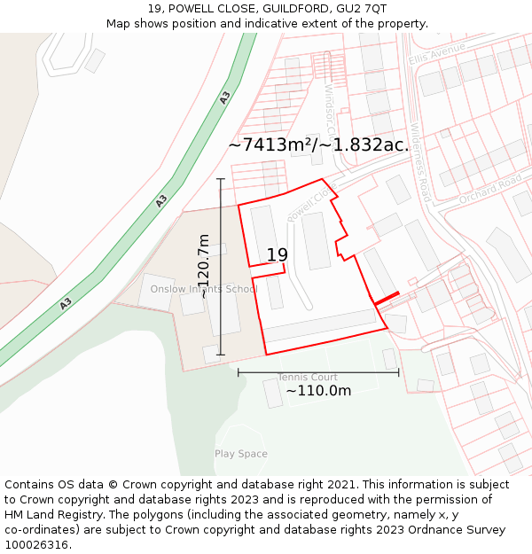 19, POWELL CLOSE, GUILDFORD, GU2 7QT: Plot and title map