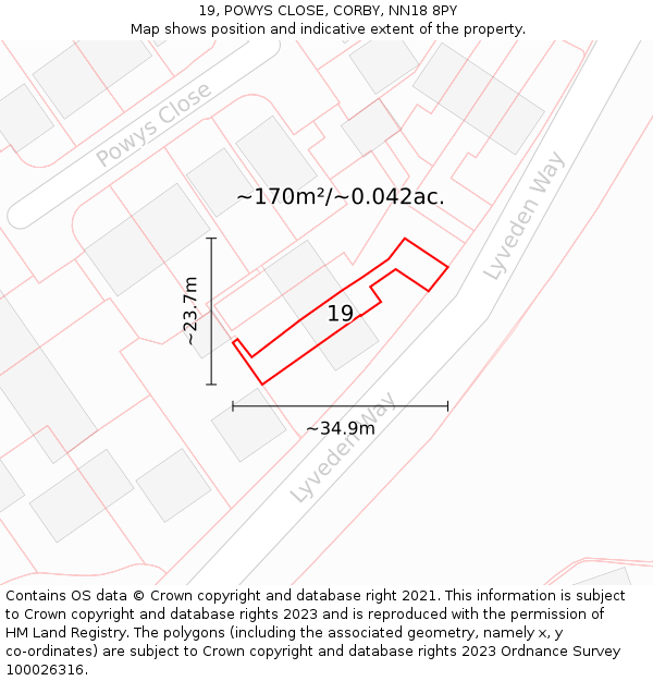 19, POWYS CLOSE, CORBY, NN18 8PY: Plot and title map