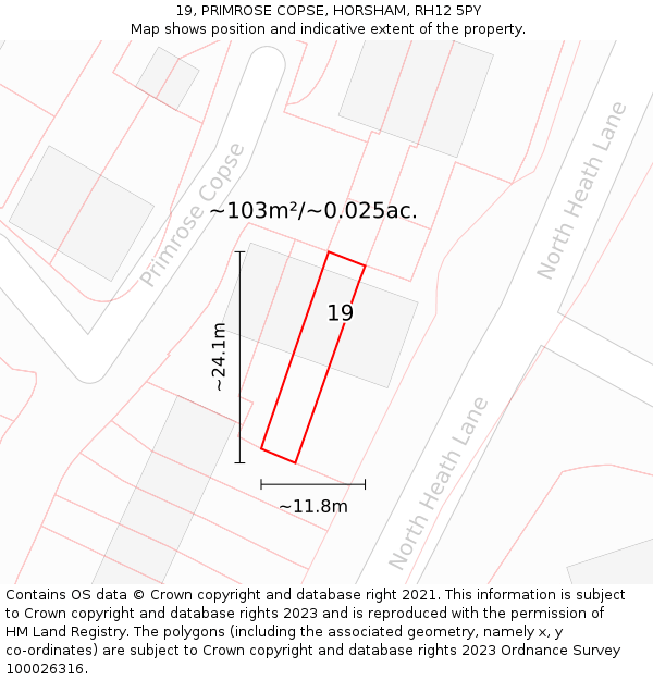 19, PRIMROSE COPSE, HORSHAM, RH12 5PY: Plot and title map
