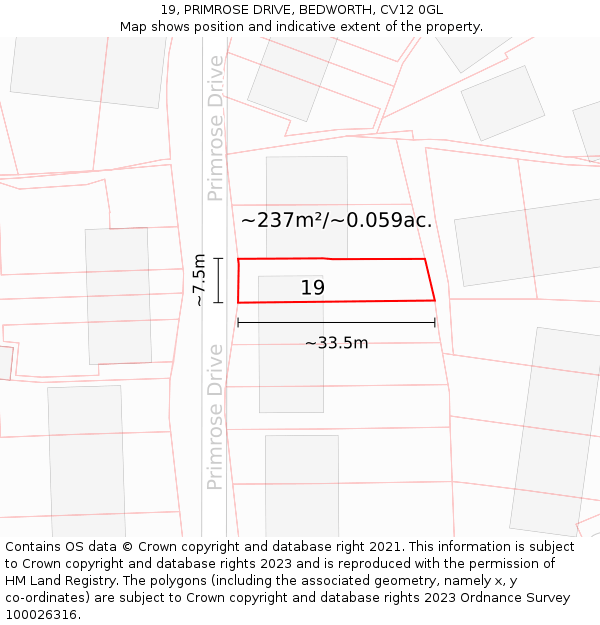 19, PRIMROSE DRIVE, BEDWORTH, CV12 0GL: Plot and title map