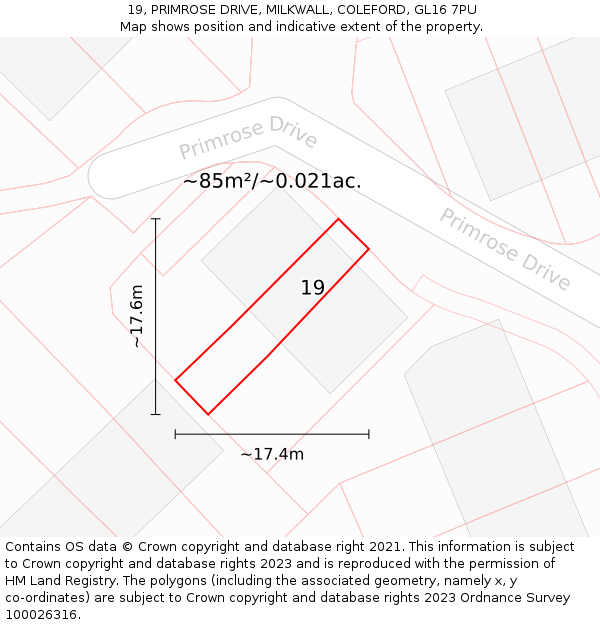 19, PRIMROSE DRIVE, MILKWALL, COLEFORD, GL16 7PU: Plot and title map