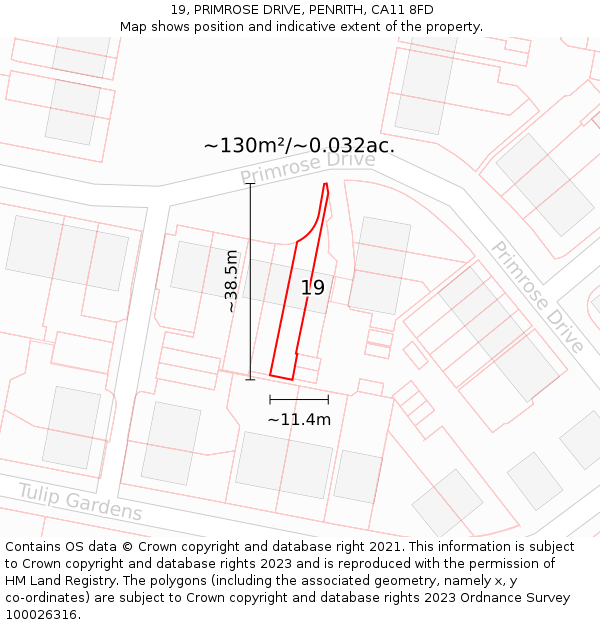 19, PRIMROSE DRIVE, PENRITH, CA11 8FD: Plot and title map