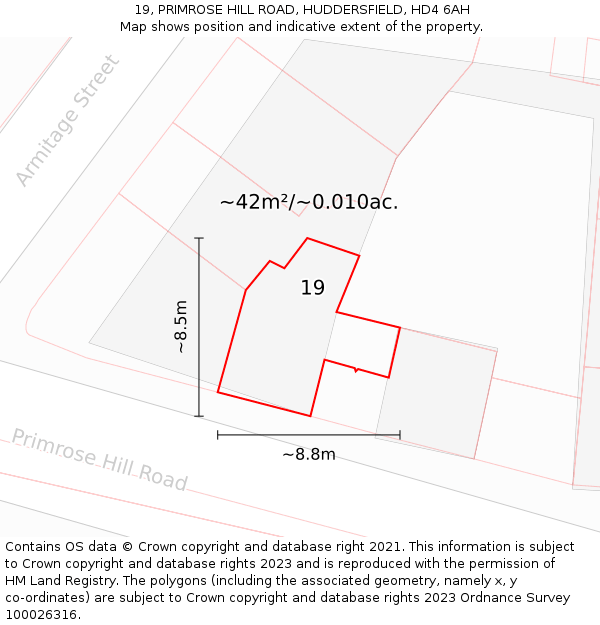 19, PRIMROSE HILL ROAD, HUDDERSFIELD, HD4 6AH: Plot and title map