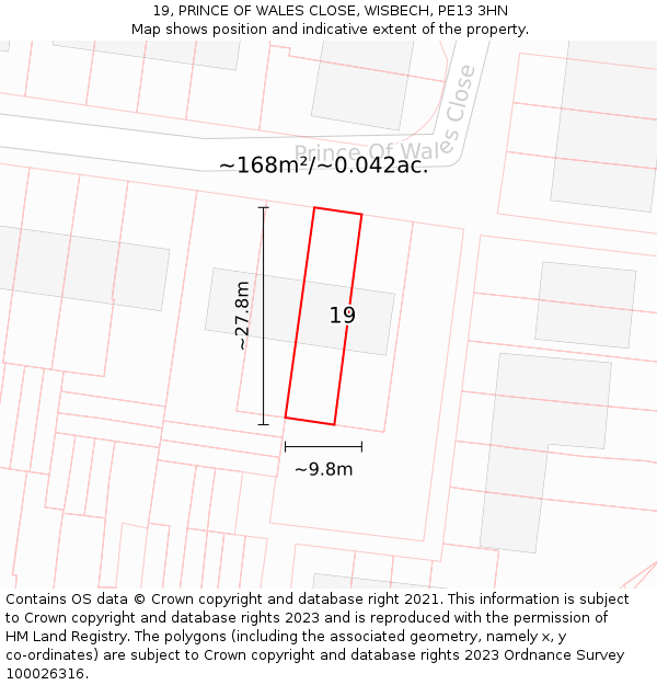 19, PRINCE OF WALES CLOSE, WISBECH, PE13 3HN: Plot and title map