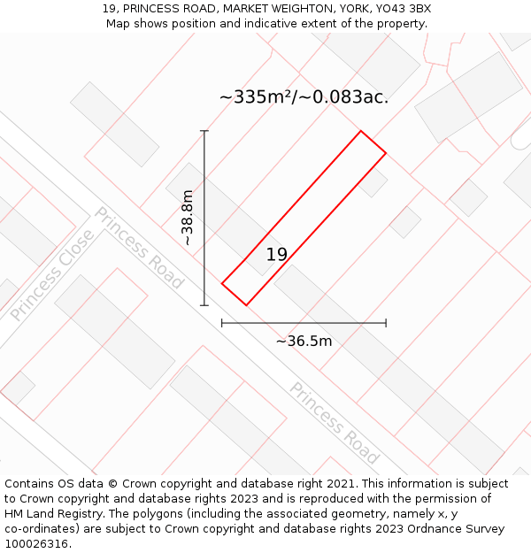 19, PRINCESS ROAD, MARKET WEIGHTON, YORK, YO43 3BX: Plot and title map