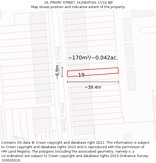 19, PRIORY STREET, NUNEATON, CV10 8JP: Plot and title map