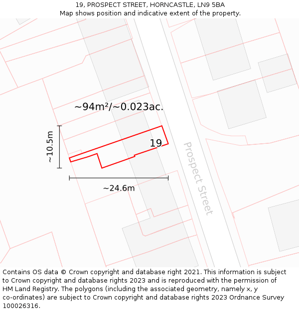 19, PROSPECT STREET, HORNCASTLE, LN9 5BA: Plot and title map