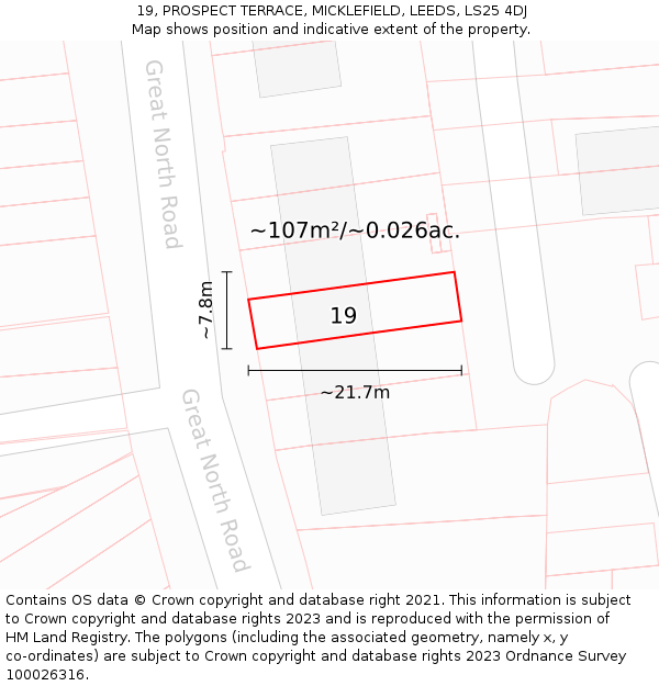 19, PROSPECT TERRACE, MICKLEFIELD, LEEDS, LS25 4DJ: Plot and title map