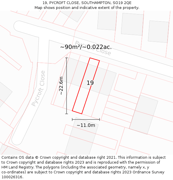 19, PYCROFT CLOSE, SOUTHAMPTON, SO19 2QE: Plot and title map