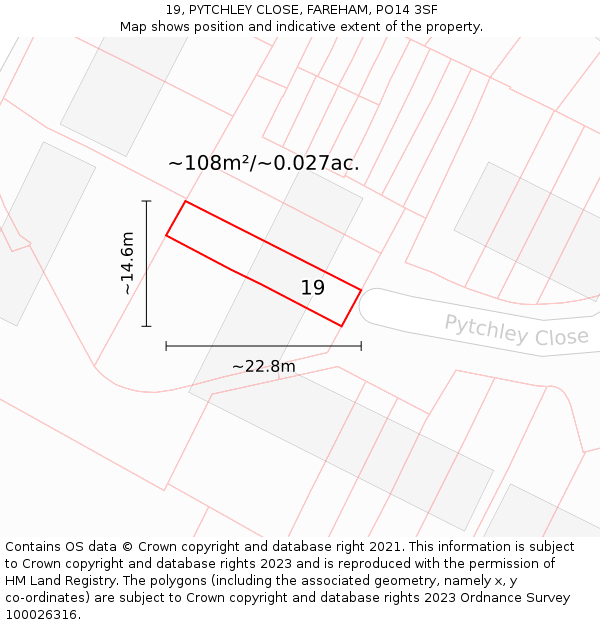 19, PYTCHLEY CLOSE, FAREHAM, PO14 3SF: Plot and title map