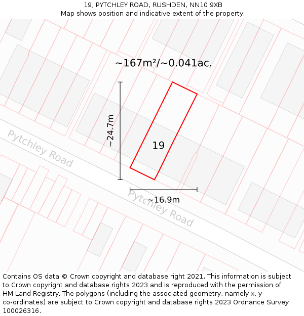 19, PYTCHLEY ROAD, RUSHDEN, NN10 9XB: Plot and title map