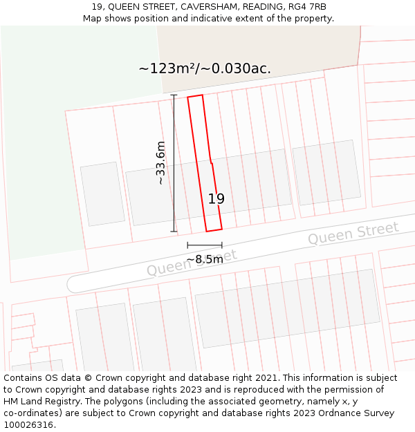 19, QUEEN STREET, CAVERSHAM, READING, RG4 7RB: Plot and title map