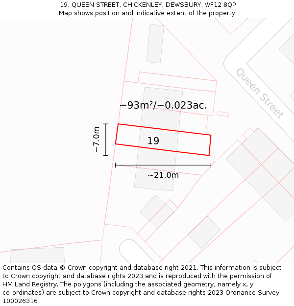 19, QUEEN STREET, CHICKENLEY, DEWSBURY, WF12 8QP: Plot and title map
