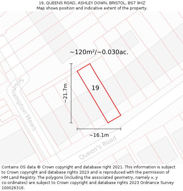19, QUEENS ROAD, ASHLEY DOWN, BRISTOL, BS7 9HZ: Plot and title map