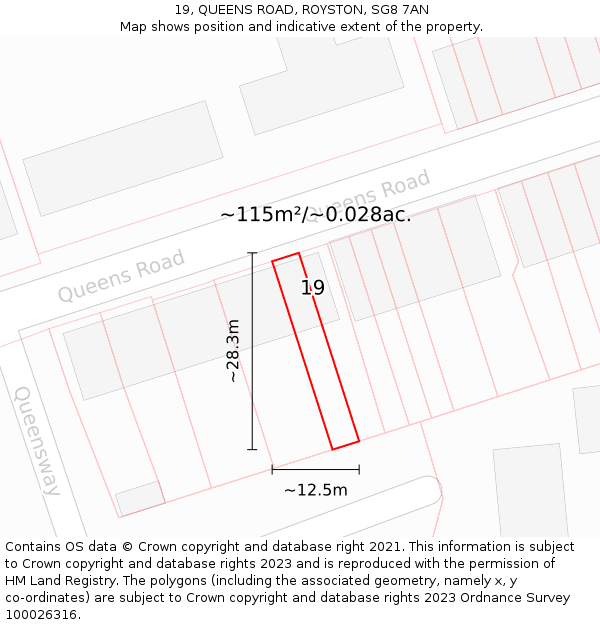19, QUEENS ROAD, ROYSTON, SG8 7AN: Plot and title map