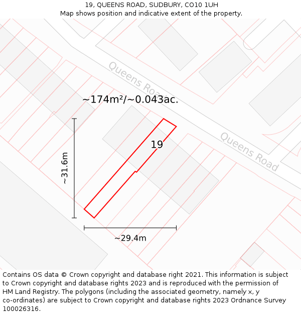 19, QUEENS ROAD, SUDBURY, CO10 1UH: Plot and title map