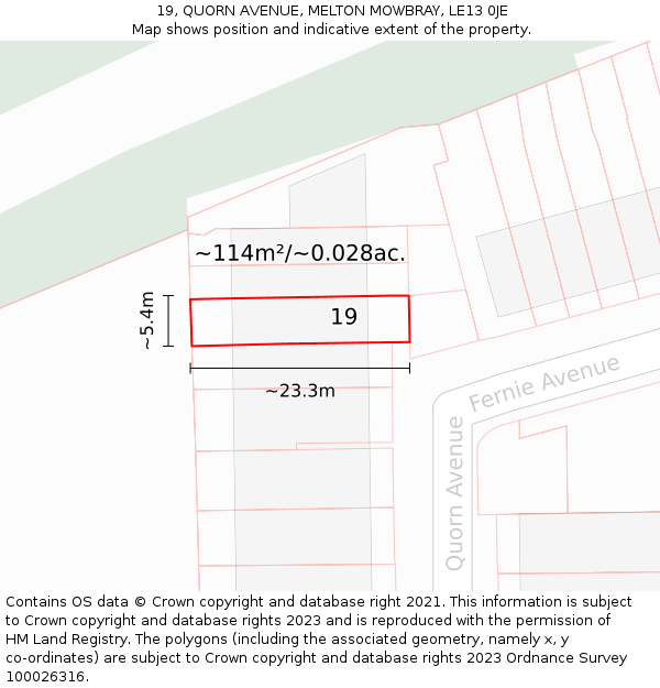 19, QUORN AVENUE, MELTON MOWBRAY, LE13 0JE: Plot and title map