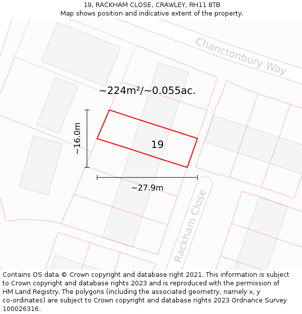 19, RACKHAM CLOSE, CRAWLEY, RH11 8TB: Plot and title map