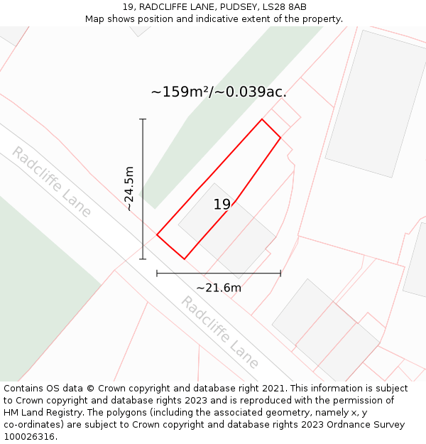 19, RADCLIFFE LANE, PUDSEY, LS28 8AB: Plot and title map