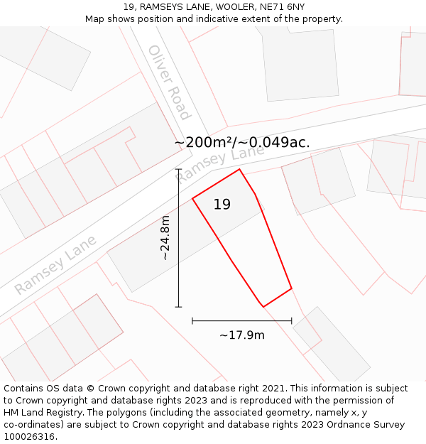 19, RAMSEYS LANE, WOOLER, NE71 6NY: Plot and title map