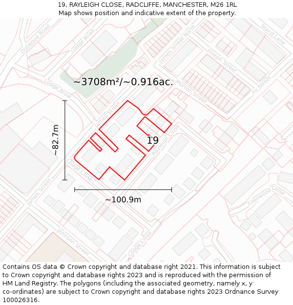 19, RAYLEIGH CLOSE, RADCLIFFE, MANCHESTER, M26 1RL: Plot and title map