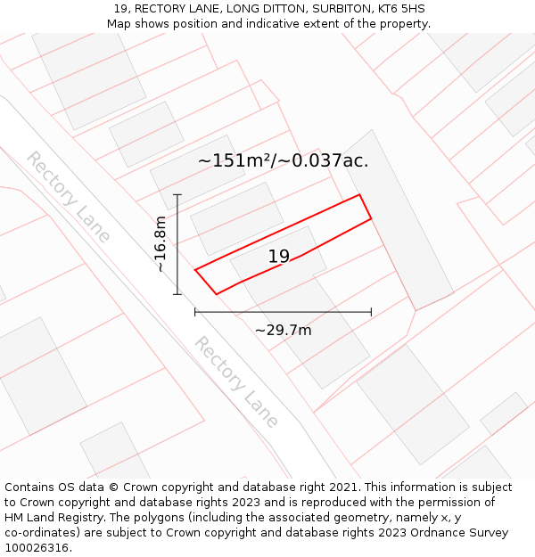19, RECTORY LANE, LONG DITTON, SURBITON, KT6 5HS: Plot and title map