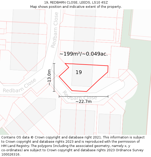 19, REDBARN CLOSE, LEEDS, LS10 4SZ: Plot and title map