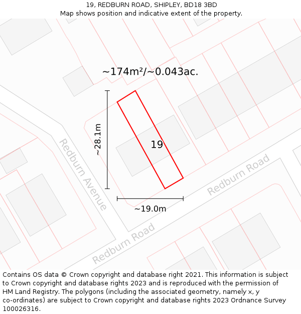 19, REDBURN ROAD, SHIPLEY, BD18 3BD: Plot and title map
