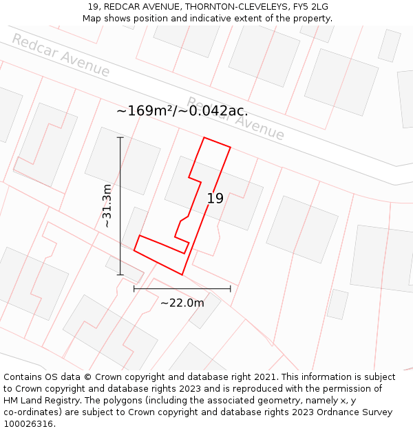 19, REDCAR AVENUE, THORNTON-CLEVELEYS, FY5 2LG: Plot and title map