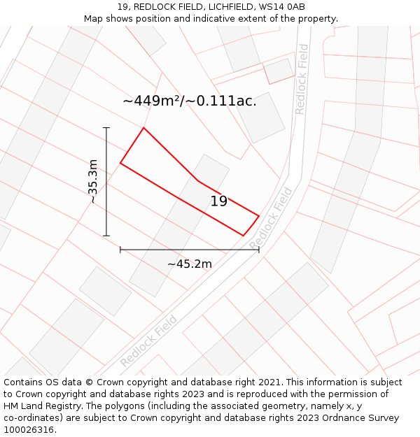 19, REDLOCK FIELD, LICHFIELD, WS14 0AB: Plot and title map