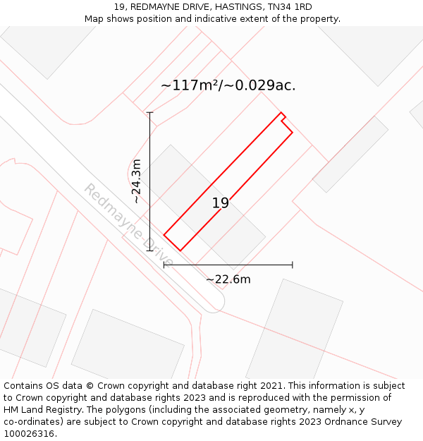 19, REDMAYNE DRIVE, HASTINGS, TN34 1RD: Plot and title map